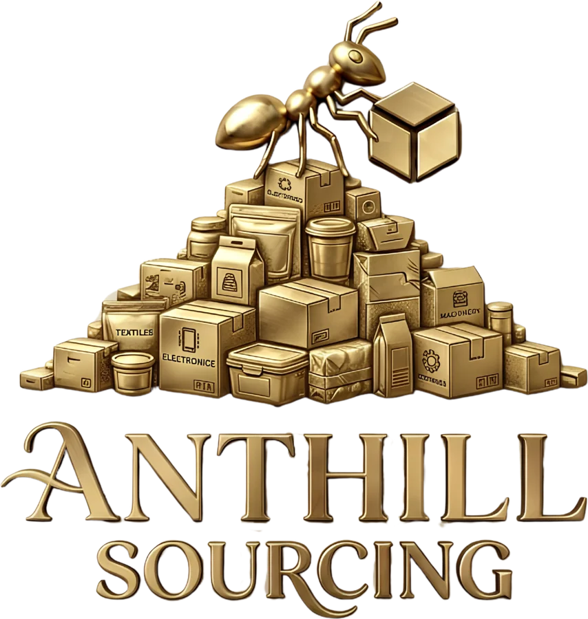 Anthill Sourcing logo: a golden ant carrying a box on a mountain of goods